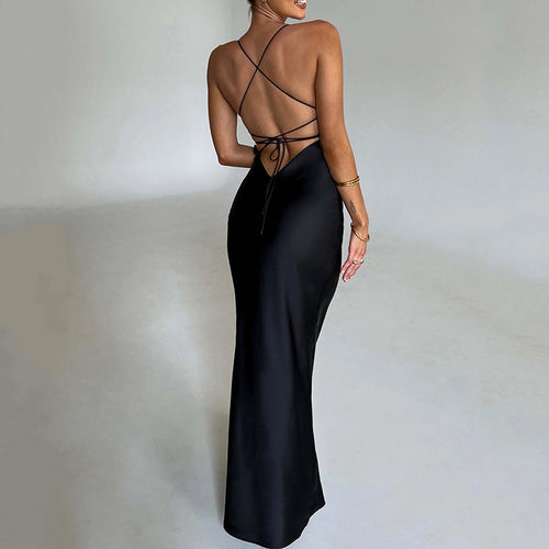 Drune | Spaghetti-Träger Kleid aus Seidig-Material mit Maxi-Saum
