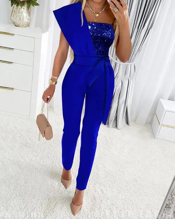 Drune | One Shoulder Jumpsuit Mit Pailletten Und Taillenband