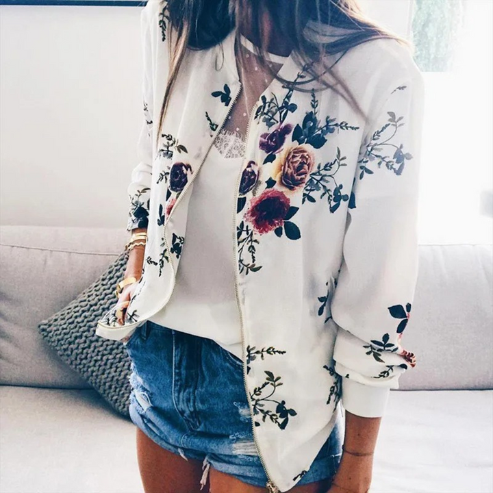 Drune | BomberJacke Sommerjacke mit Blumenmuster und Reißverschluss für Damen