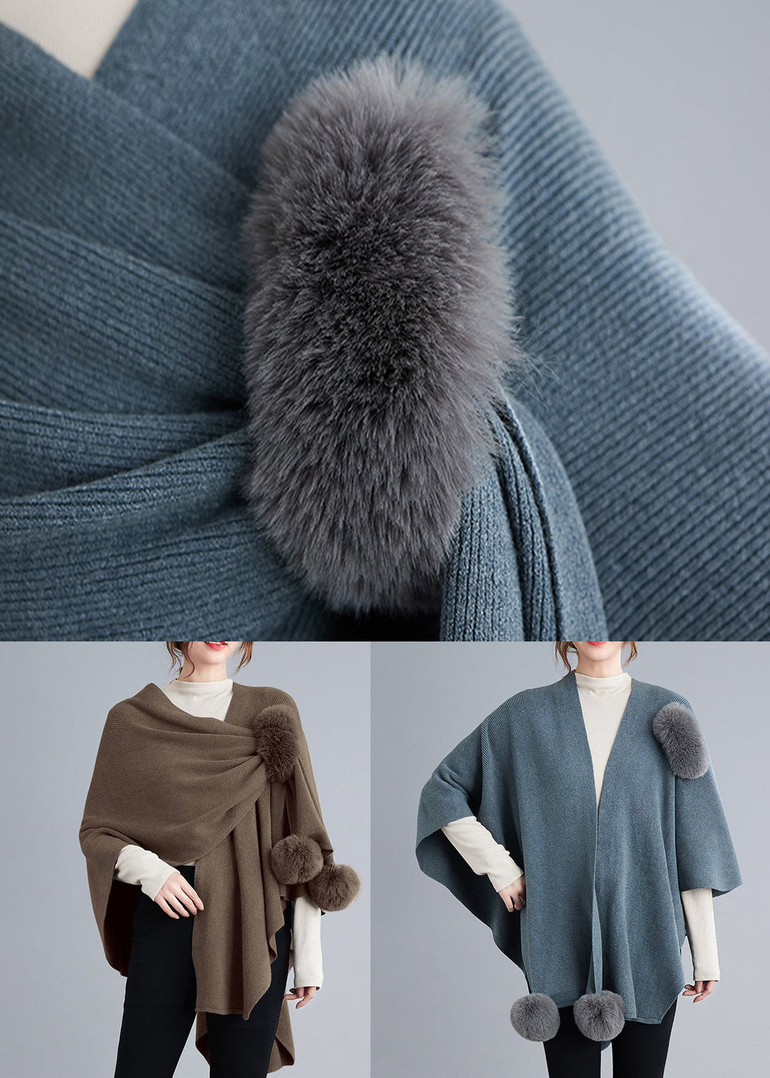 Drune | Graues Patchwork Strick-Cape Mantel Mit Flauschbommel Asymmetrisch