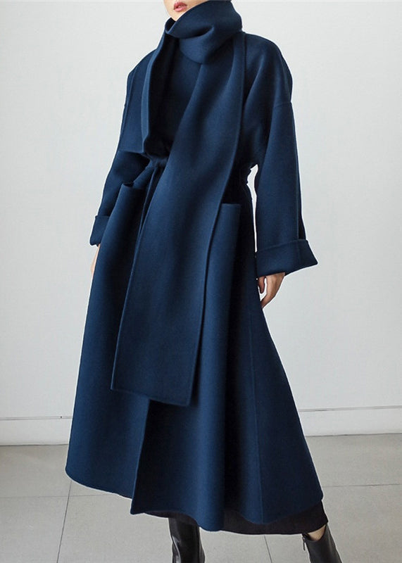 Drune | Wickelmantel - eleganter blauer langer Damenmantel mit Schal