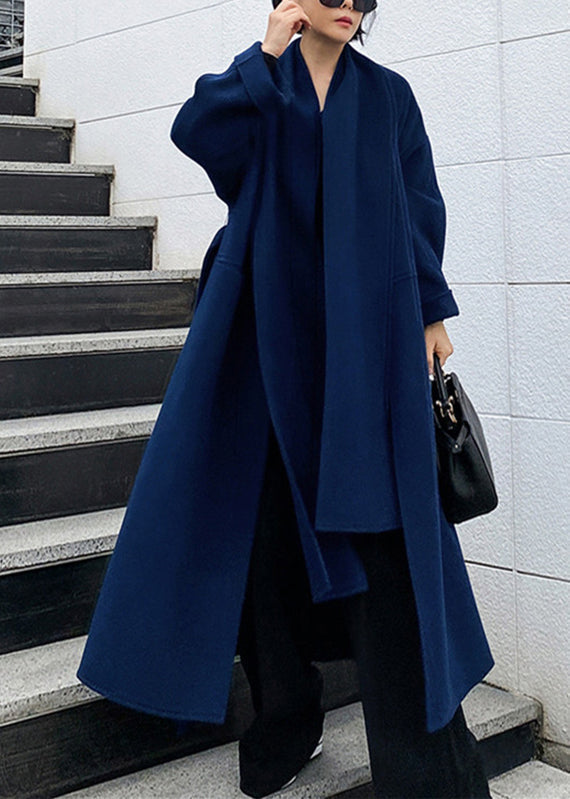 Drune | Wickelmantel - eleganter blauer langer Damenmantel mit Schal