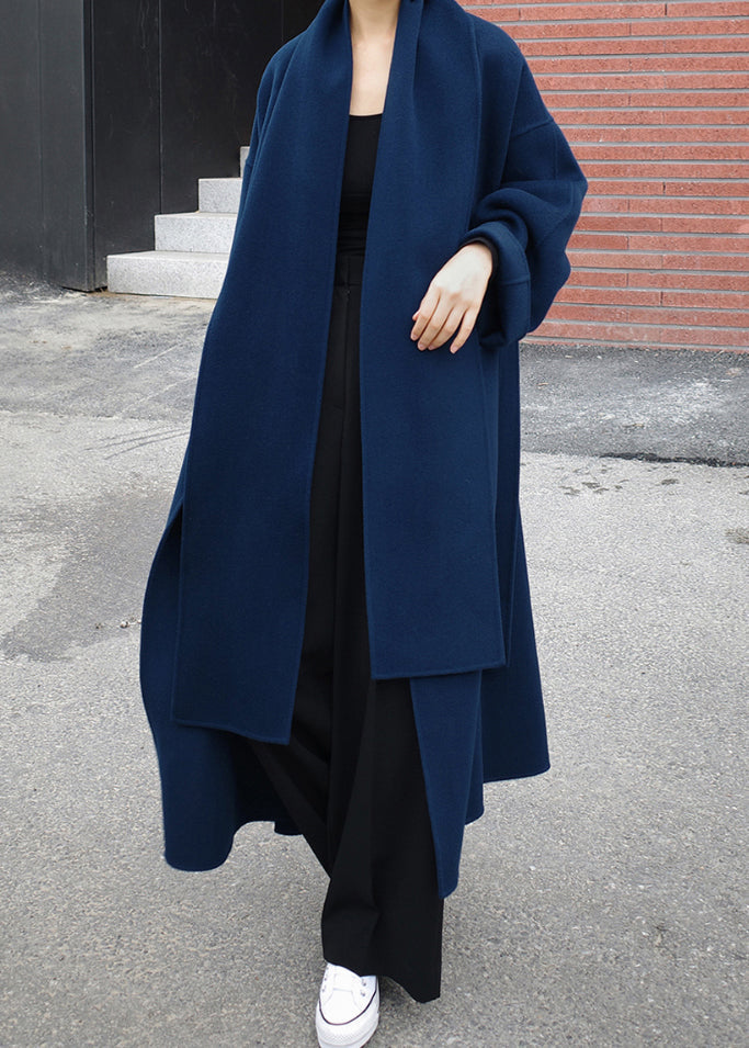 Drune | Wickelmantel - eleganter blauer langer Damenmantel mit Schal