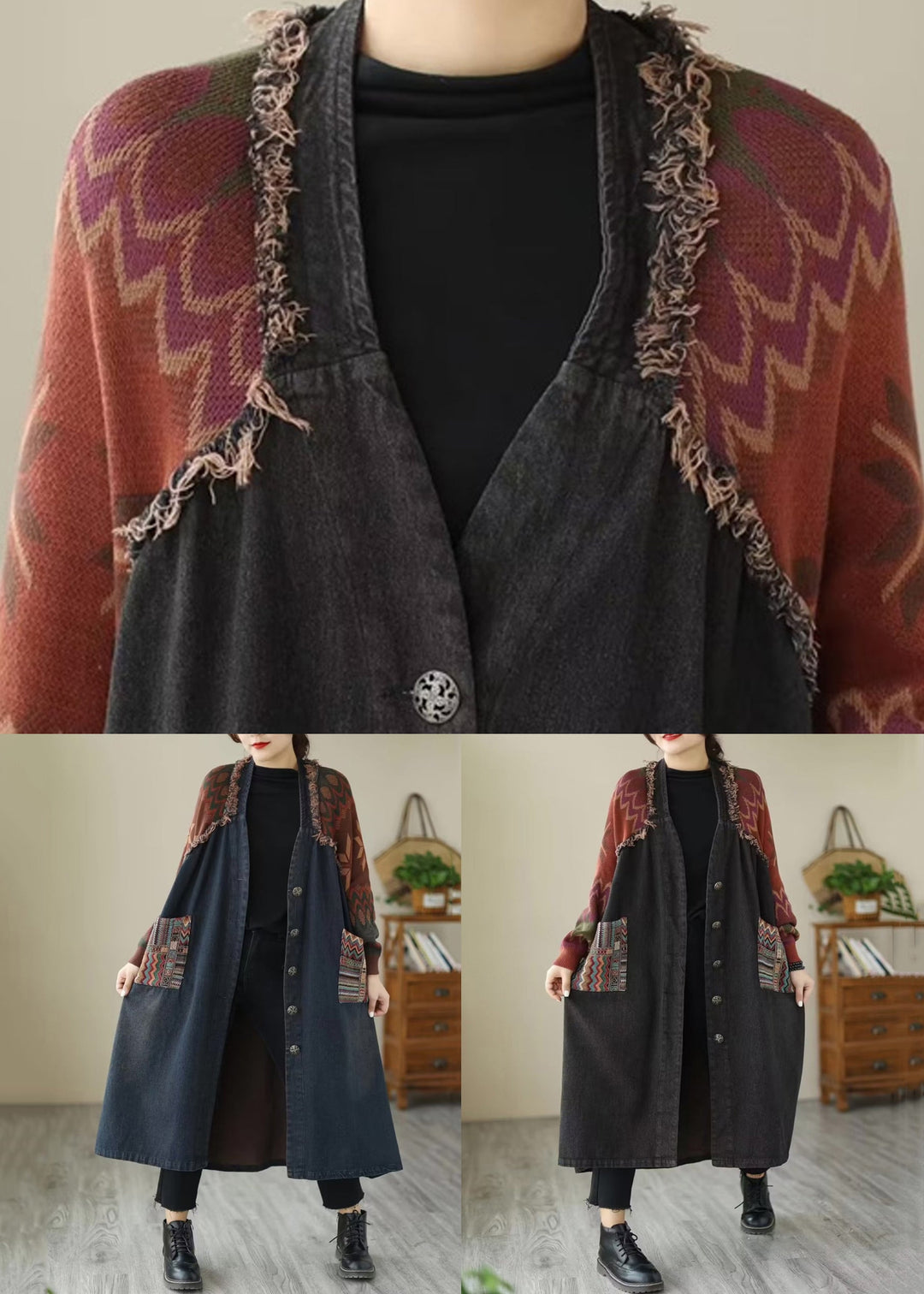 Drune | Taschen Patchwork Denim Lange Mäntel V-Ausschnitt