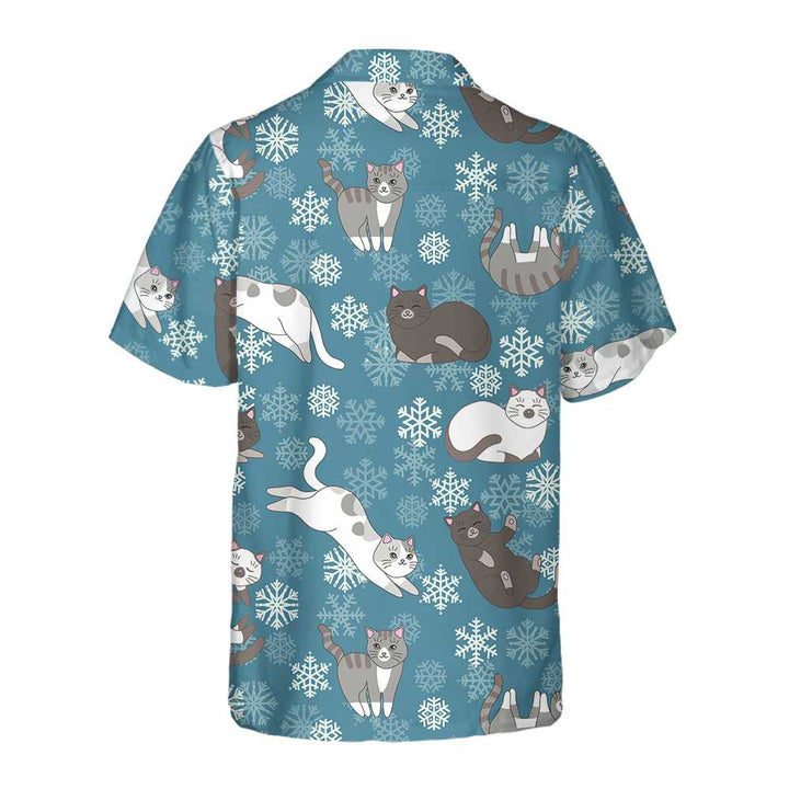 Drune | Blaue Schneeflocken Niedliche Kätzchen Hawaiian Hemd, Lustiges Weihnachts Aloha Hemd
