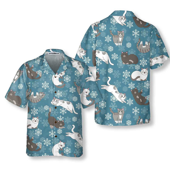 Drune | Blaue Schneeflocken Niedliche Kätzchen Hawaiian Hemd, Lustiges Weihnachts Aloha Hemd