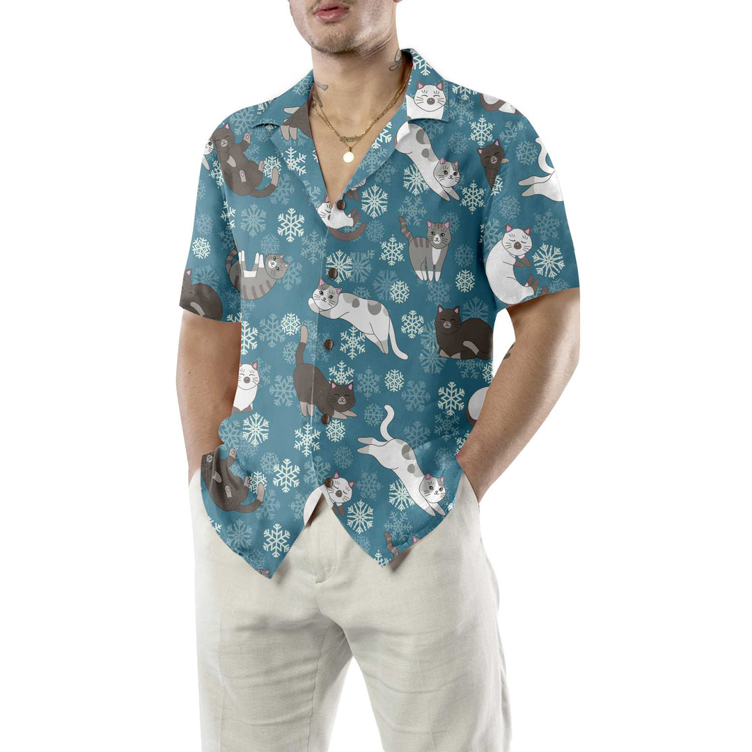 Drune | Blaue Schneeflocken Niedliche Kätzchen Hawaiian Hemd, Lustiges Weihnachts Aloha Hemd