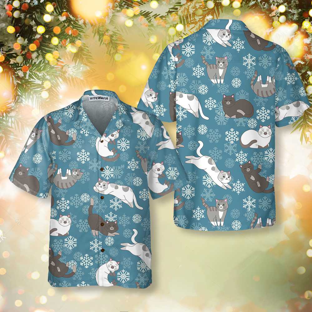 Drune | Blaue Schneeflocken Niedliche Kätzchen Hawaiian Hemd, Lustiges Weihnachts Aloha Hemd