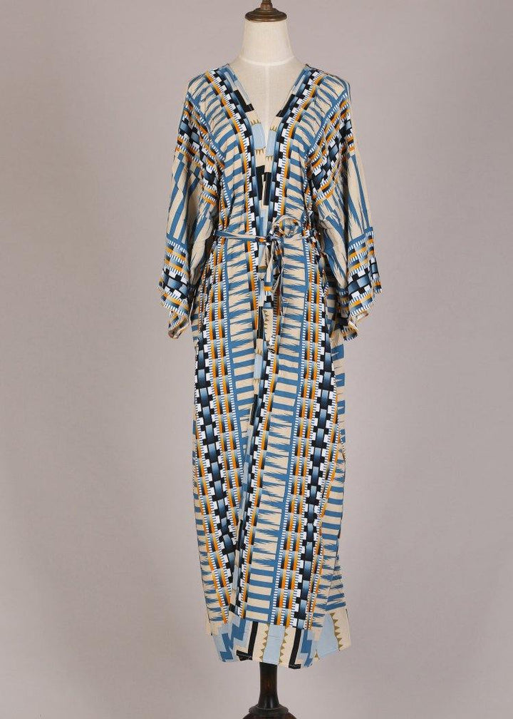Drune | Blauer Geometrischer Druck Kimono Bademantel