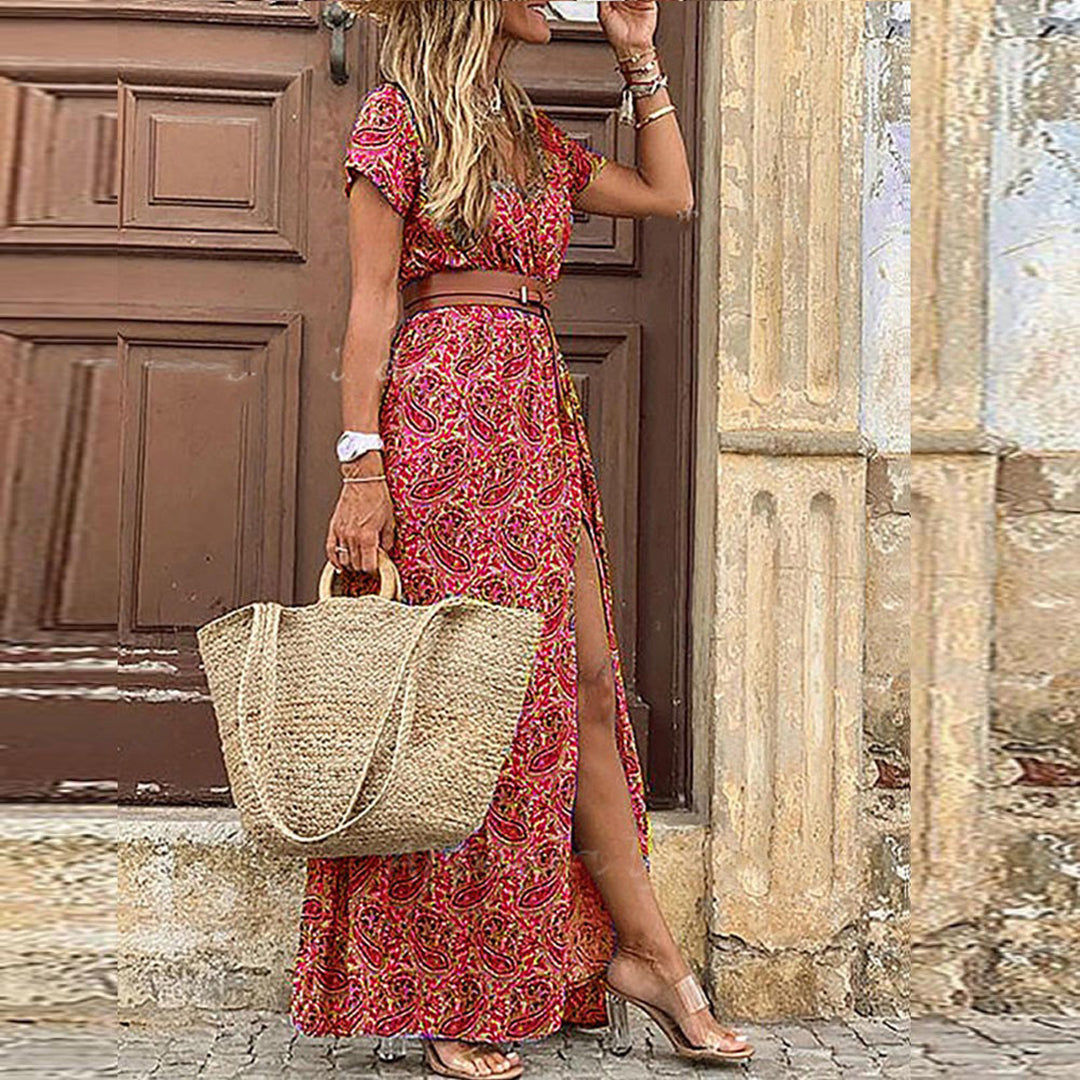 Drune | Kleid Kurzarm Gürtel Maxikleid Sommerkleid