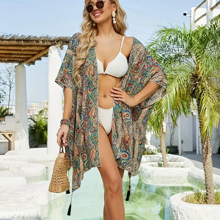 Drune | Kimono, Paisley Druck, Offene Front, Bikini-Cover Up, Strand-Kimono