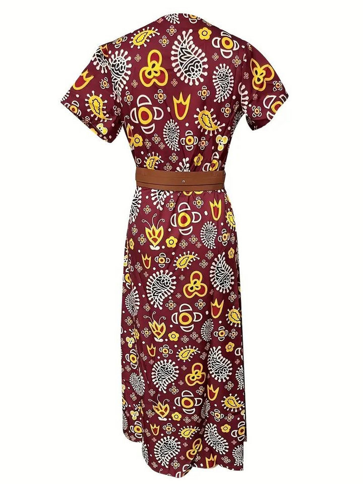 Drune | Kleid, kurzärmlig, Gürtel, Maxikleid, Sommerkleid