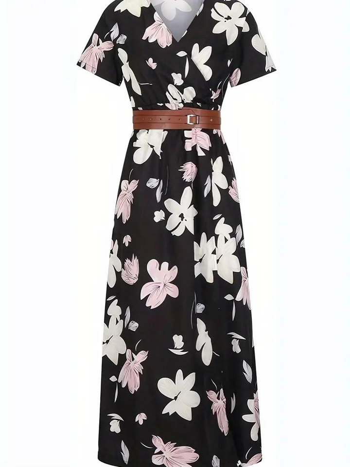 Drune | Kleid, kurzärmlig, Gürtel, Maxikleid, Sommerkleid