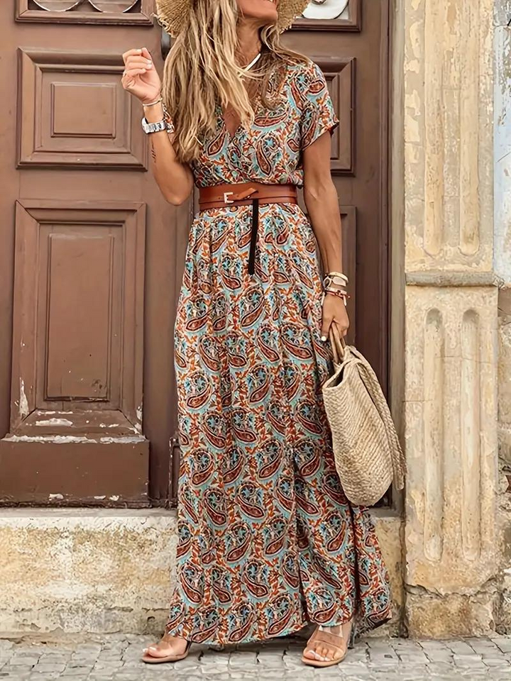 Drune | Kleid, kurzärmlig, Gürtel, Maxikleid, Sommerkleid