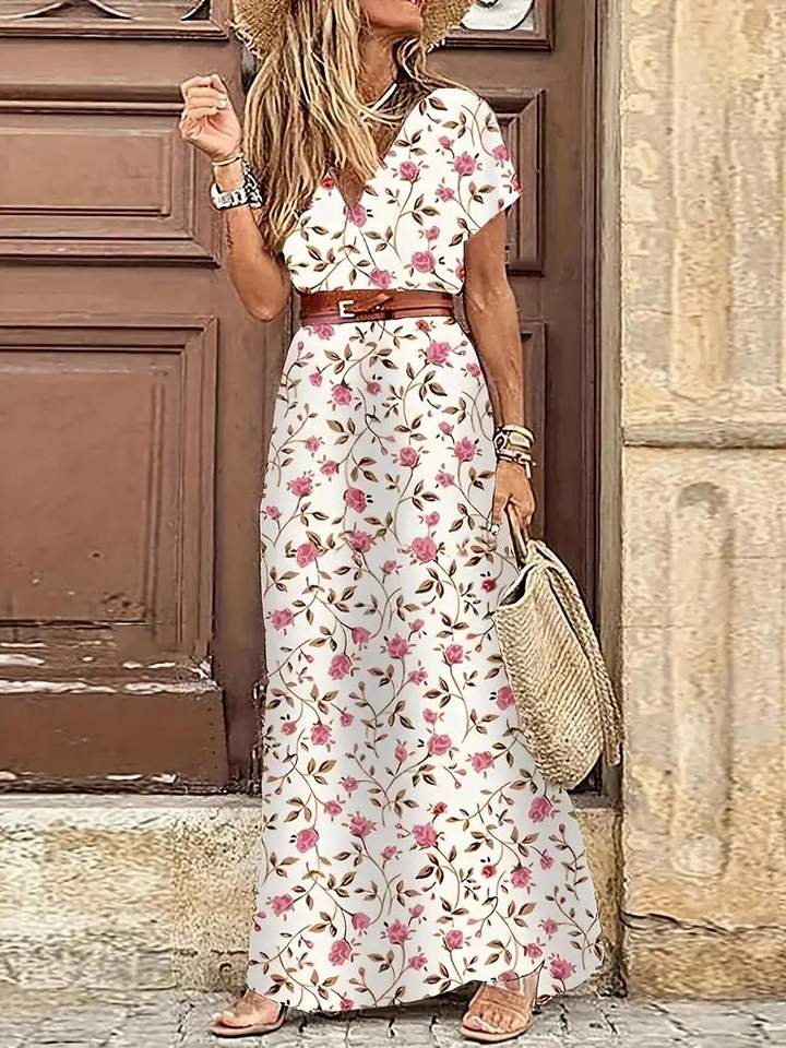 Drune | Kleid, kurzärmlig, Gürtel, Maxikleid, Sommerkleid
