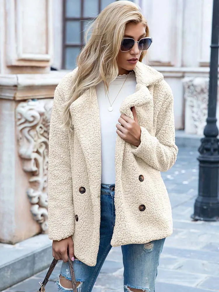 Drune | Doppelt Knöpfbar Kurz Teddyjacke Winterjacke für Damen