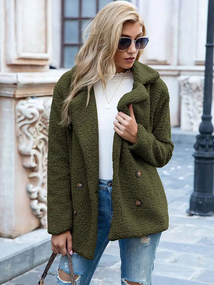 Drune | Doppelt Knöpfbar Kurz Teddyjacke Winterjacke für Damen