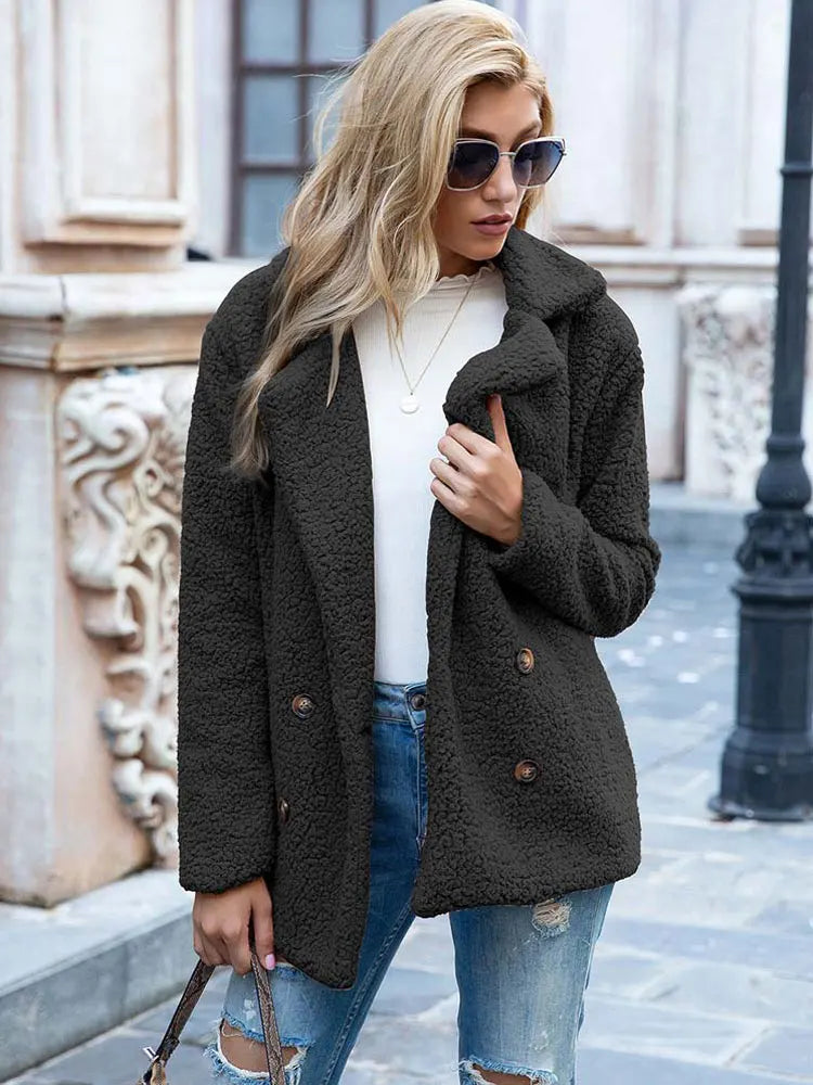 Drune | Doppelt Knöpfbar Kurz Teddyjacke Winterjacke für Damen