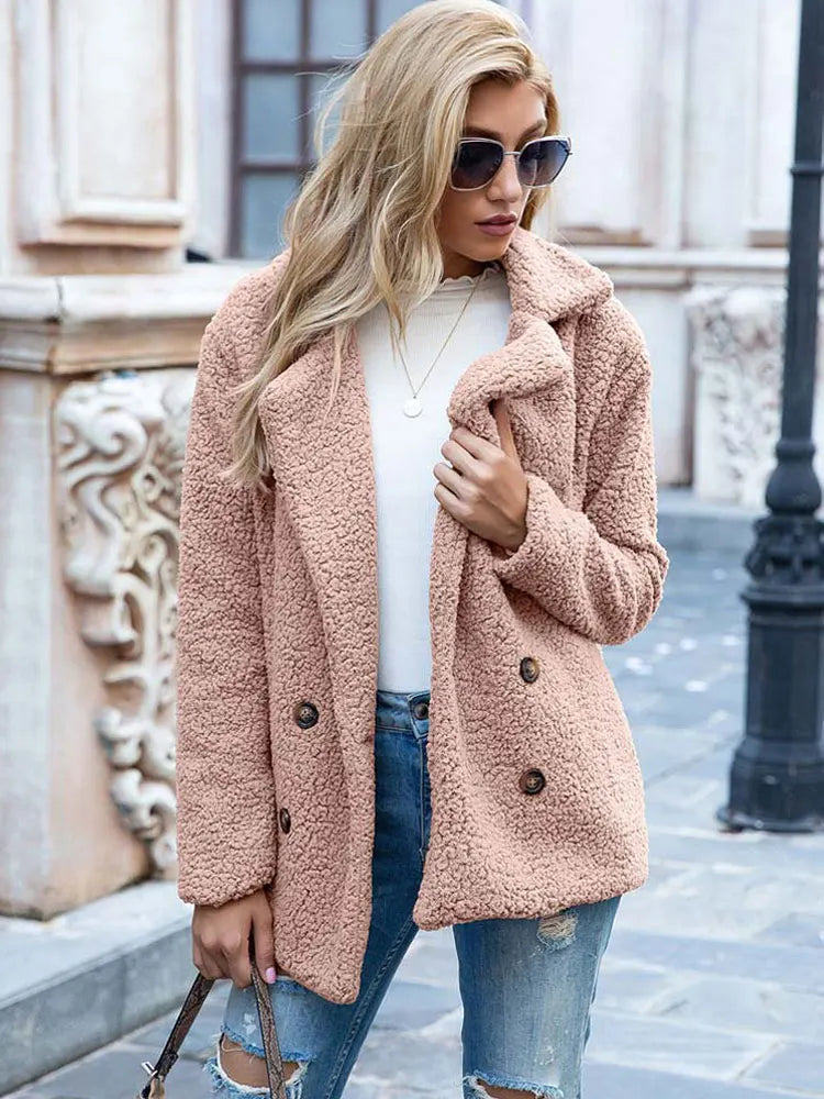 Drune | Doppelt Knöpfbar Kurz Teddyjacke Winterjacke für Damen