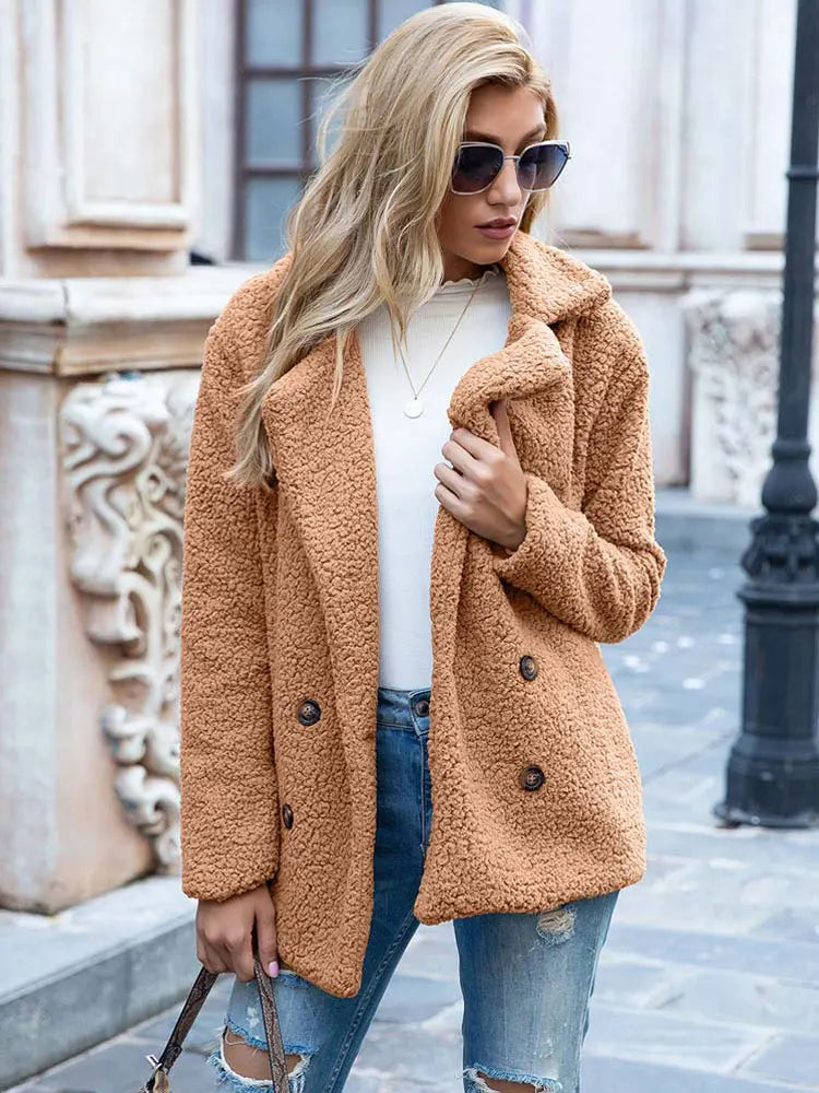 Drune | Doppelt Knöpfbar Kurz Teddyjacke Winterjacke für Damen