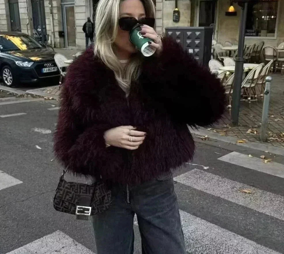 Drune | Kurz Fluffig Jacke mit Kunstpelz Felljacken für Damen