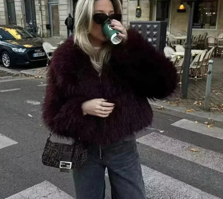 Drune | Kurz Fluffig Jacke mit Kunstpelz Felljacken für Damen