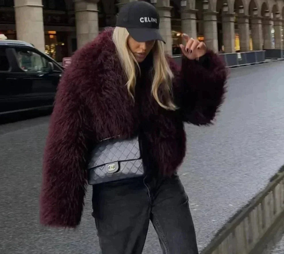 Drune | Kurz Fluffig Jacke mit Kunstpelz Felljacken für Damen
