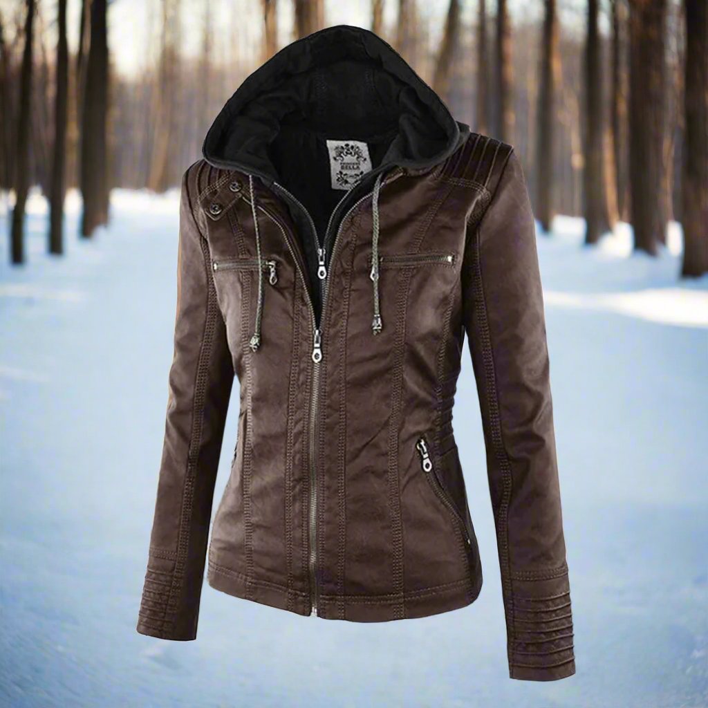 Drune | Leder Kapuzen Bikerjacke Slim Fit Reißverschlusstaschenjacke