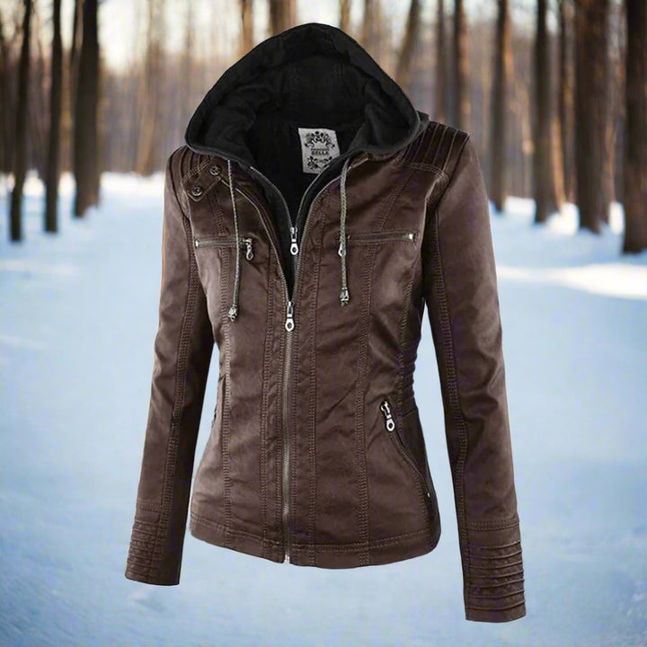 Drune | Leder Kapuzen Bikerjacke Slim Fit Reißverschlusstaschenjacke