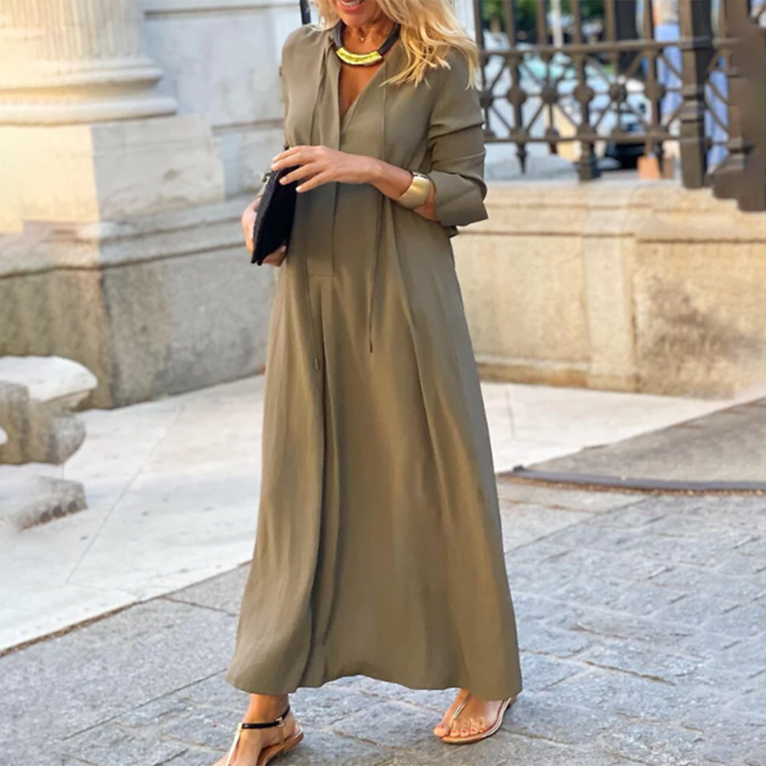 Drune | Elegante Lange Sommerkleid mit Mittellangen Ärmeln und Einem V-Ausschnitt