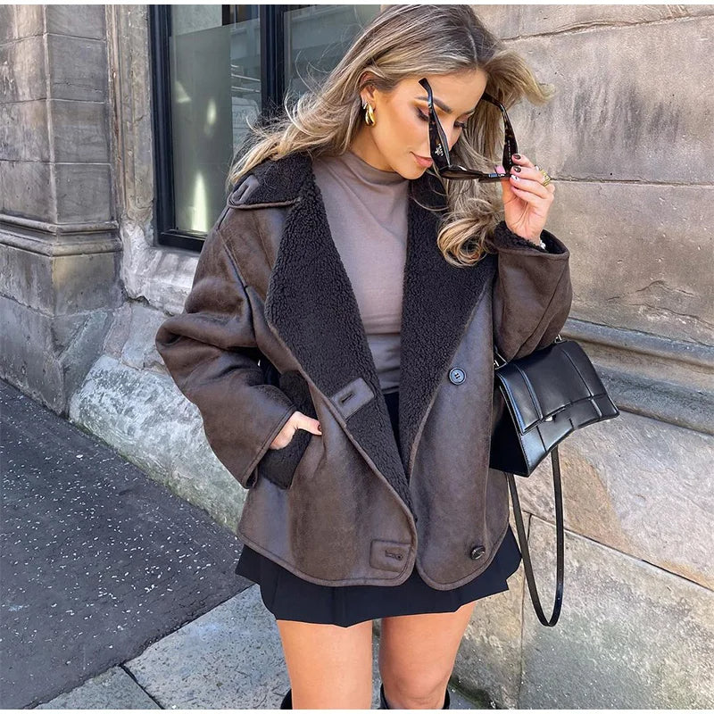 Drune | Damen Braun Lederjacke mit Fleece-Futter und Langen Ärmeln