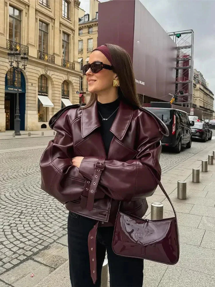 Drune | Roter Lederjacke Damen Leder Bikerjacke mit Gürtel