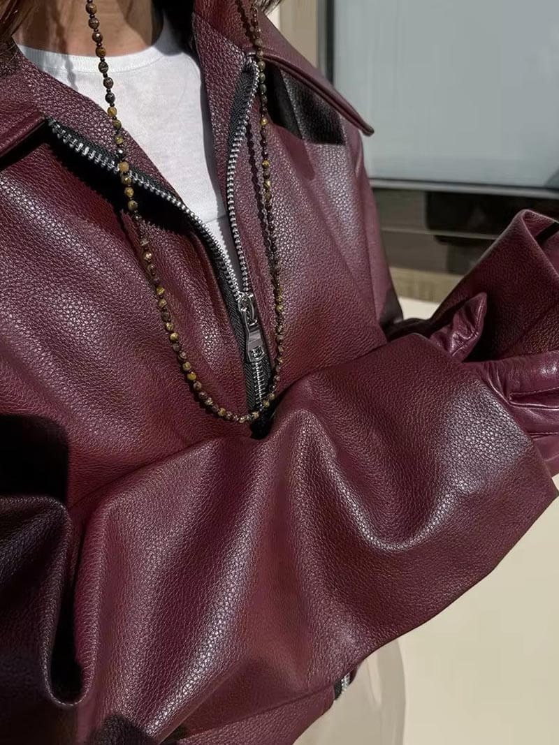 Drune | Lederjacke Übergröße mit Reißverschluss Leder Bomberjacke Lederjacke Damen