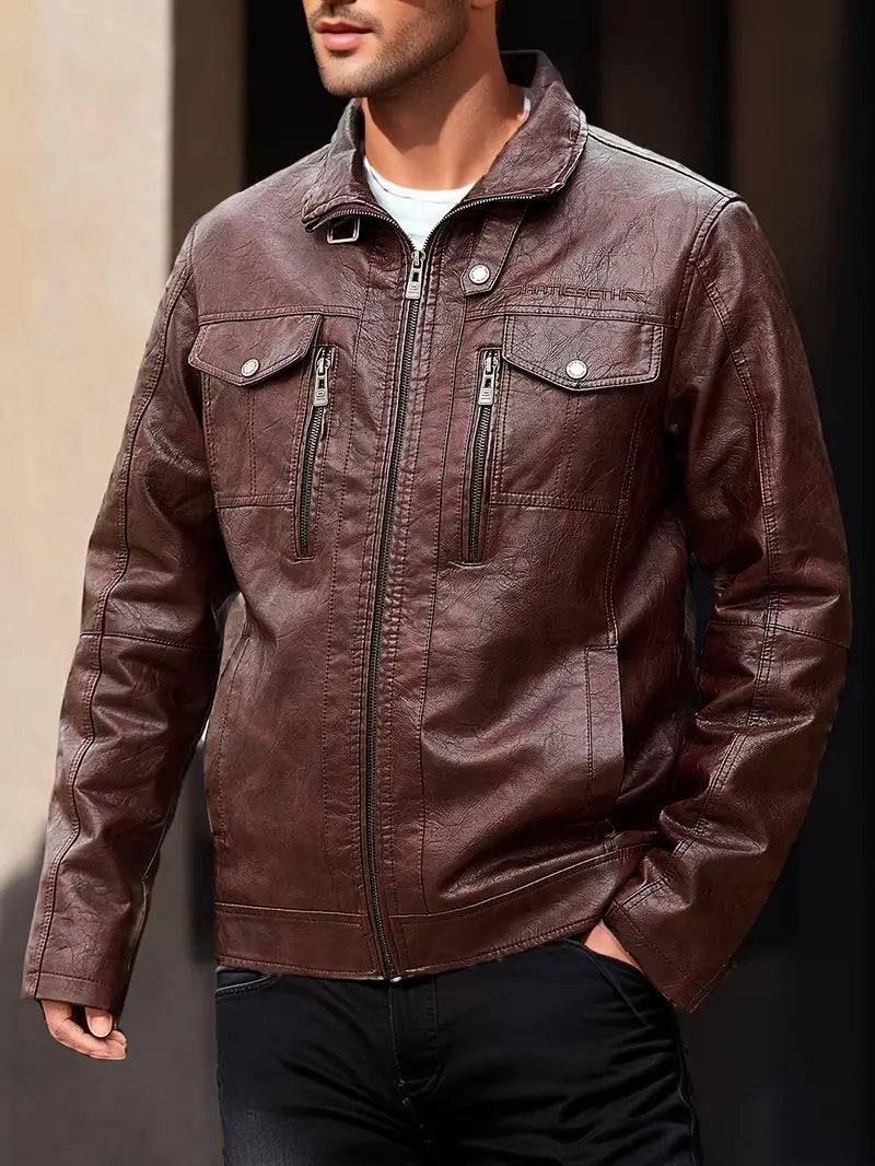 Drune | Reverskragen Retro-PU-Lederjacke, Mehrtaschen-Reißverschluss-Mantel