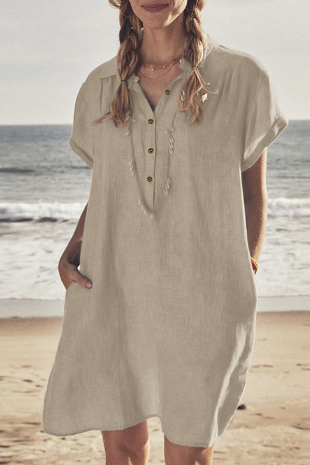 Drune | Knopfverschluss Baumwoll-Leinen Strandkleid