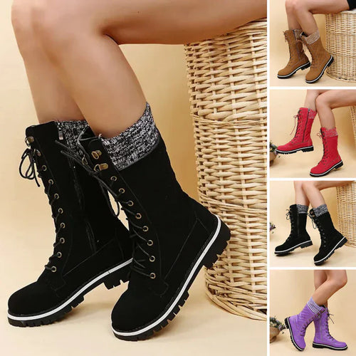 Drune |  Damen-Winterstiefel mit Schnürung & Reißverschluss - Warme Stiefeletten mit Strickbund & Profilsohle