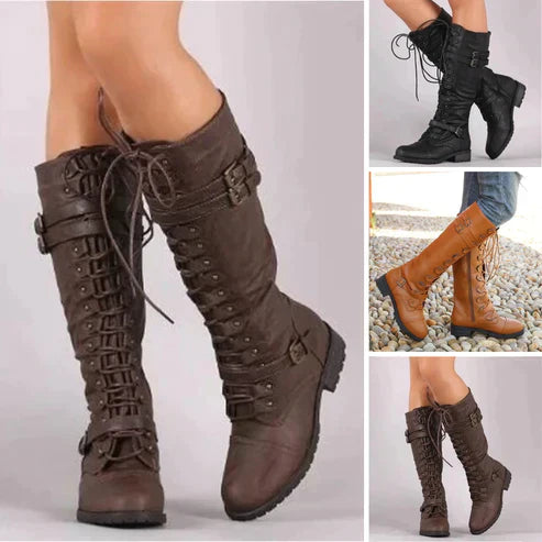 Drune | Steampunk Knielange Stiefel Schnürung, Schnallendetail, Pu Leder für Herbst und Winter