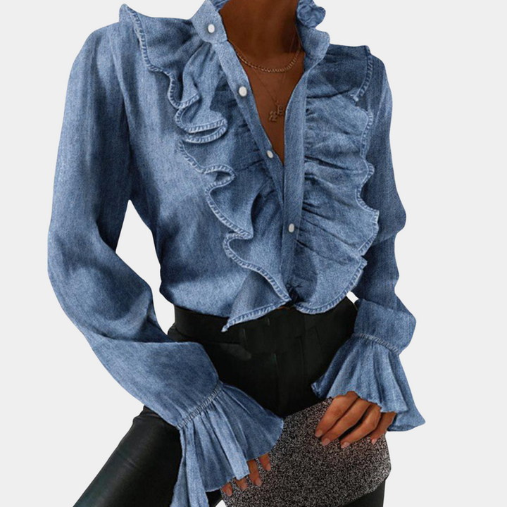 Drune | Denim-Bluse mit Rüschen und Knopfleiste für Damen