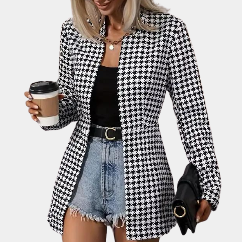 Drune | Hahnentritt Blazer - Lang geschnitten - Offene Front - Strukturiertes Kragen - Smart Casual Wear