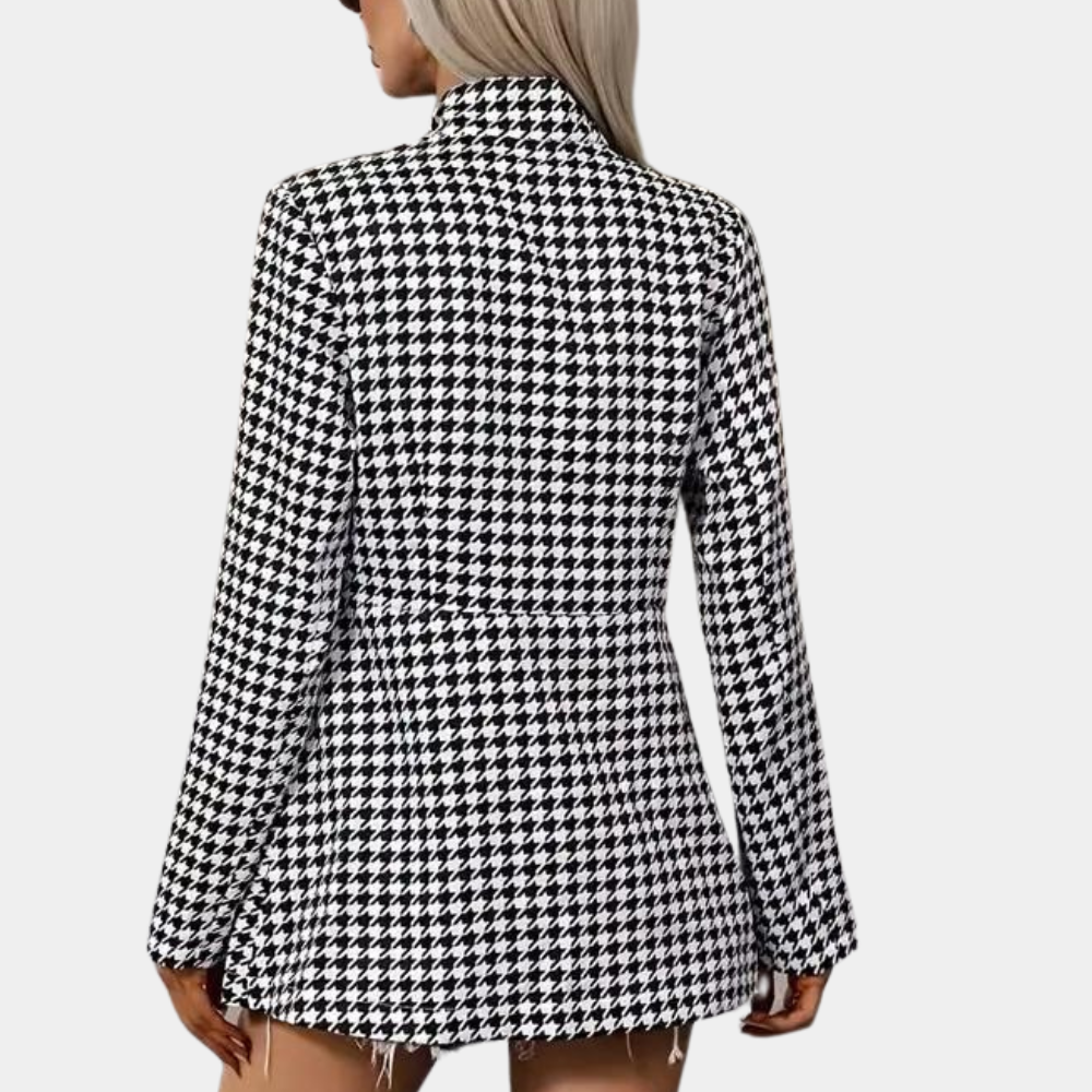 Drune | Hahnentritt Blazer - Lang geschnitten - Offene Front - Strukturiertes Kragen - Smart Casual Wear