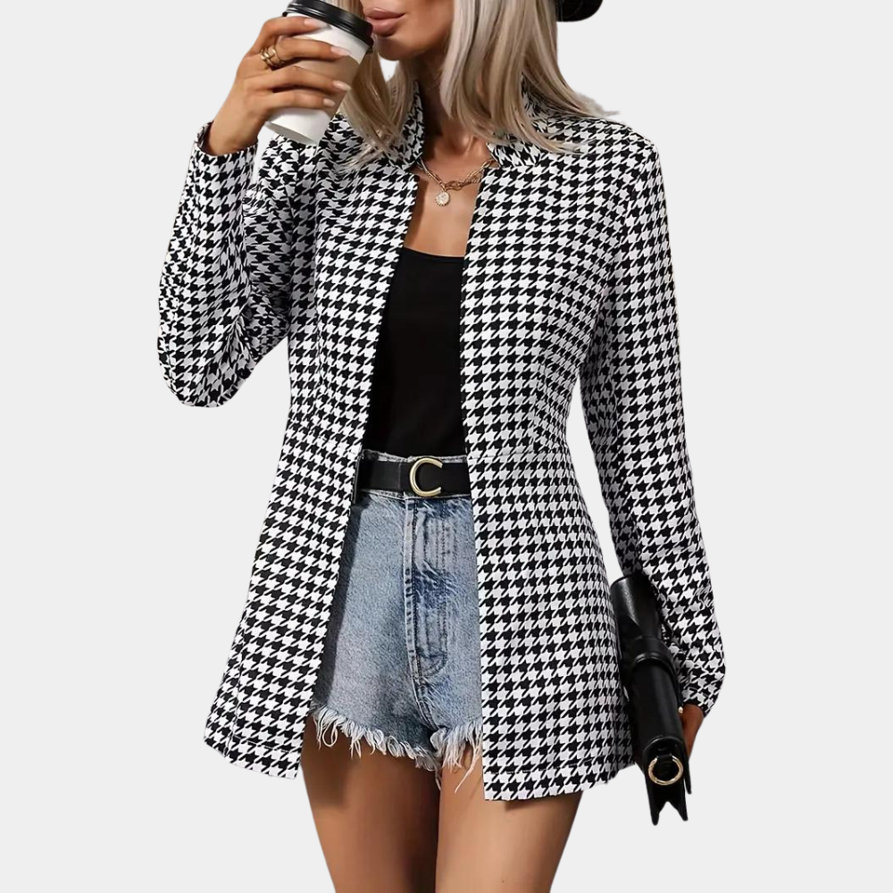 Drune | Hahnentritt Blazer - Lang geschnitten - Offene Front - Strukturiertes Kragen - Smart Casual Wear