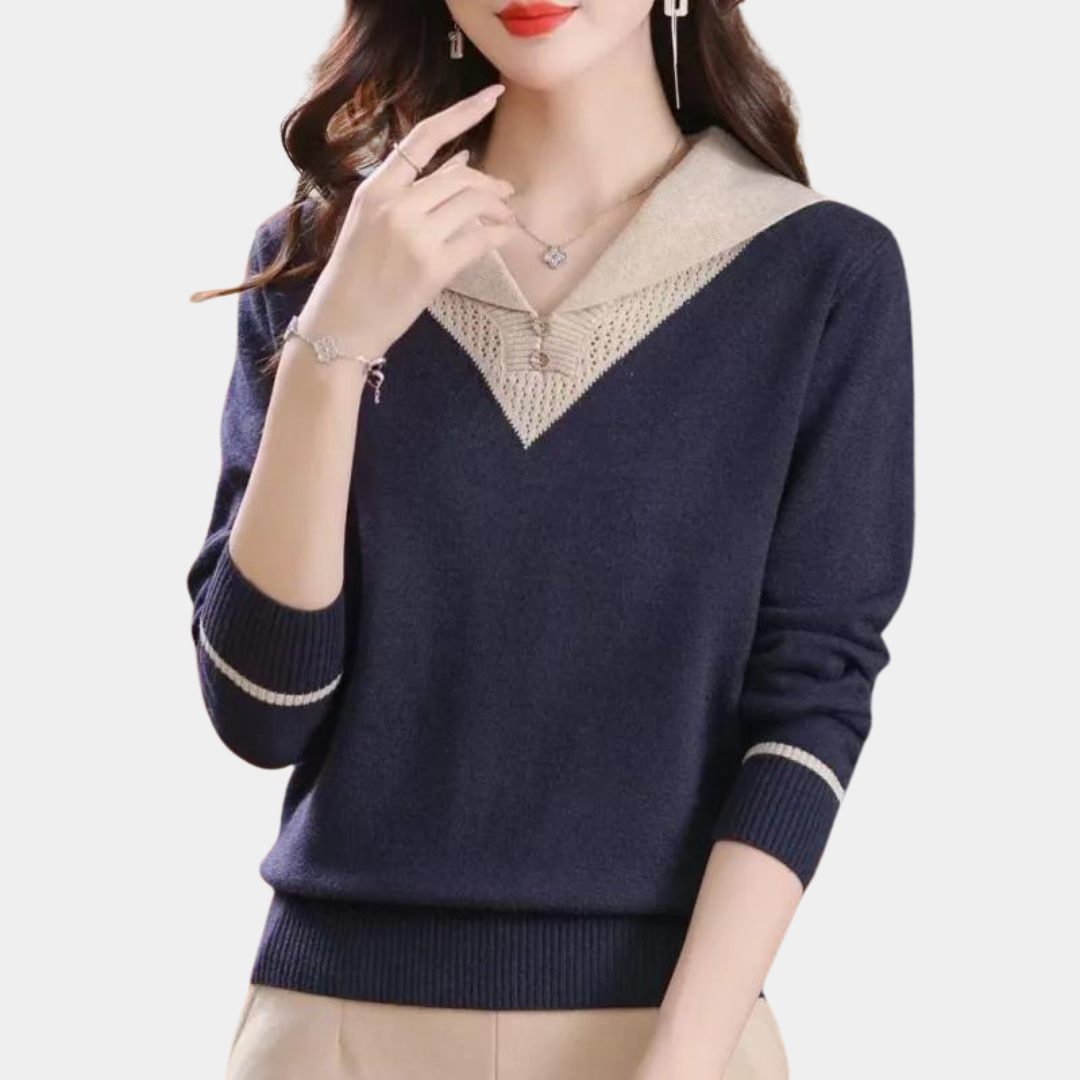 Drune | Trendiger Damenpullover mit V-Ausschnitt und Patchwork Details