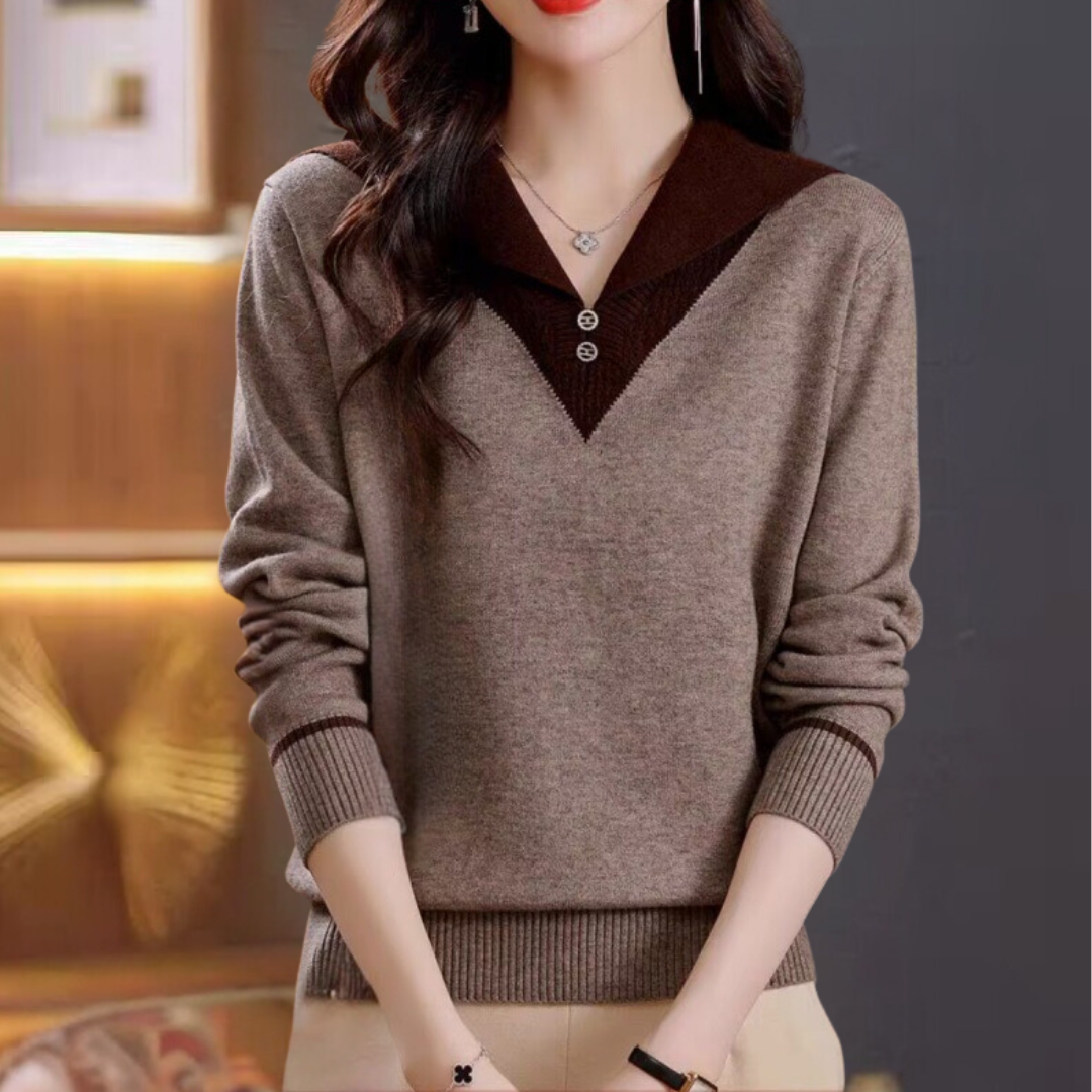 Drune | Trendiger Damenpullover mit V-Ausschnitt und Patchwork Details