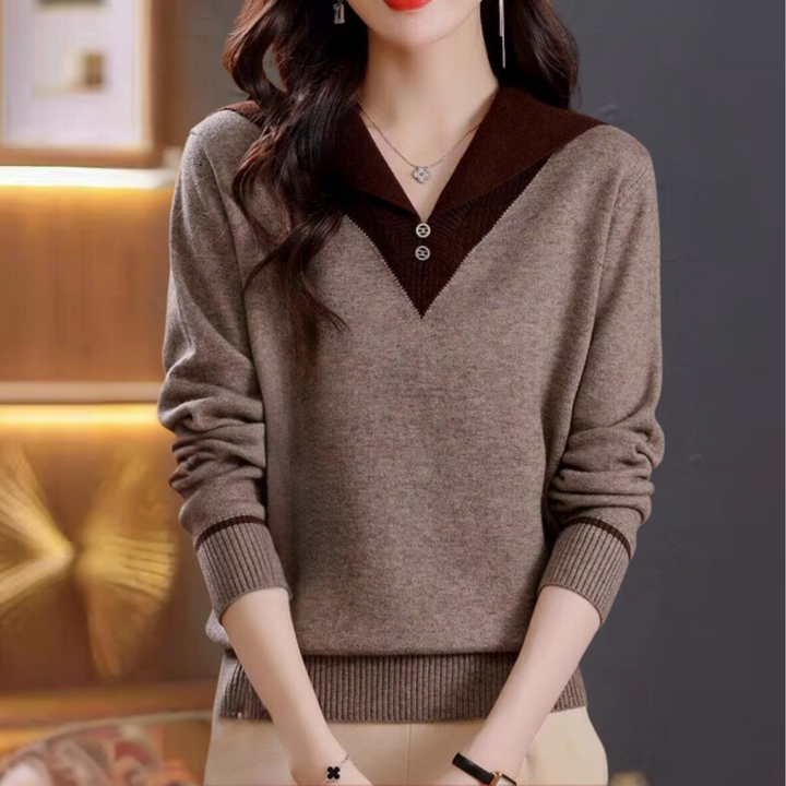 Drune | Trendiger Damenpullover mit V-Ausschnitt und Patchwork Details
