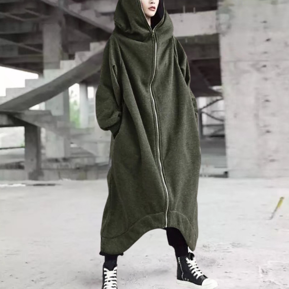 Drune | Lange Winterjacke mit Kapuze und Reißverschluss für Damen