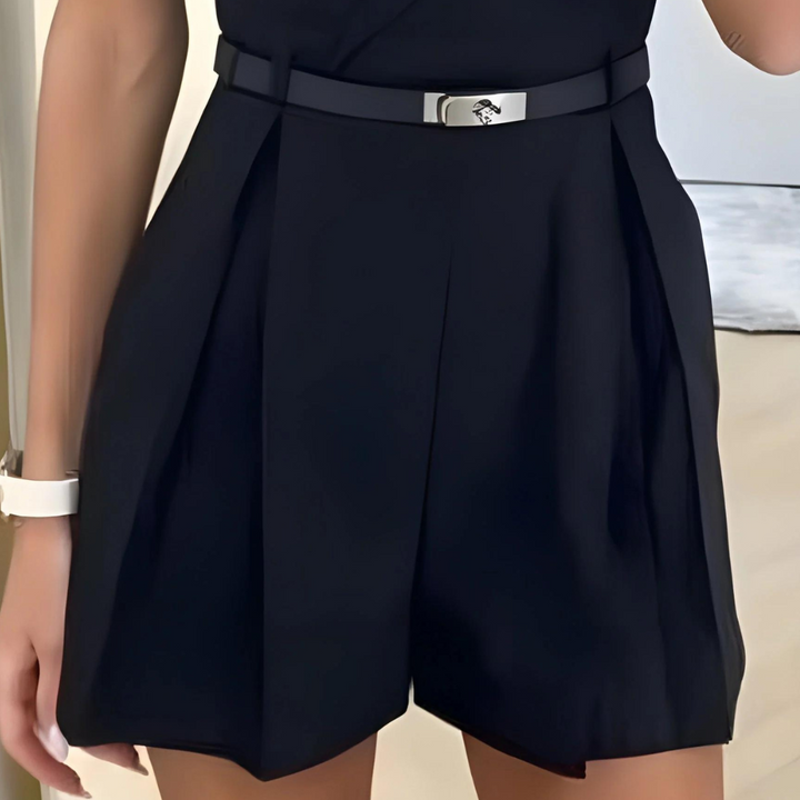 Drune | Ärmelloser Jumpsuit Wickel-V-Ausschnitt Taillierter Gürtel Plissierte Shorts Taillierte Passform