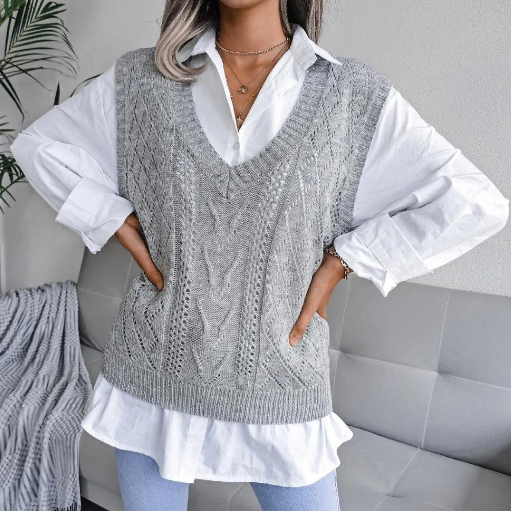 Drune | Damen Pulsweste mit V-Ausschnitt und Zopfmuster