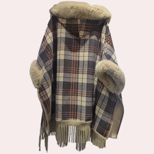 Drune | Poncho-Jacke - Luxus-Damenumhang mit Kapuze und Fake-Fur-Besatz