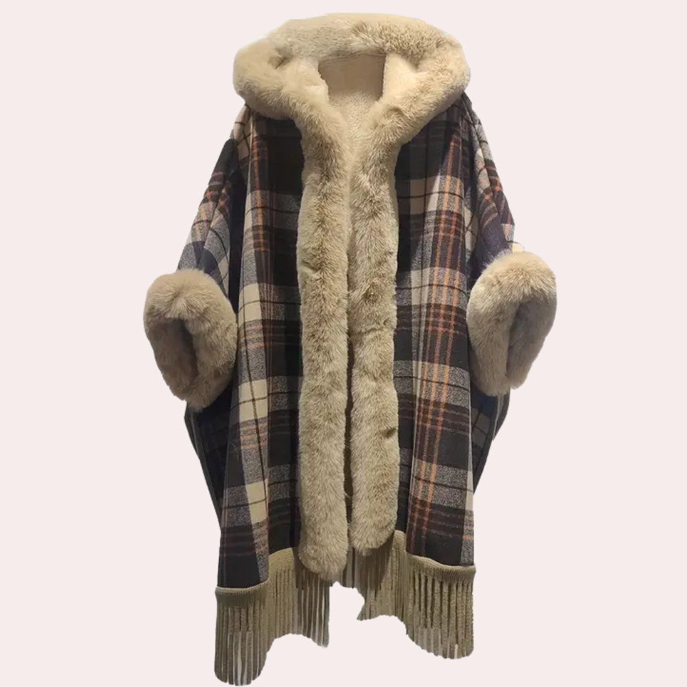 Drune | Poncho-Jacke - Luxus-Damenumhang mit Kapuze und Fake-Fur-Besatz
