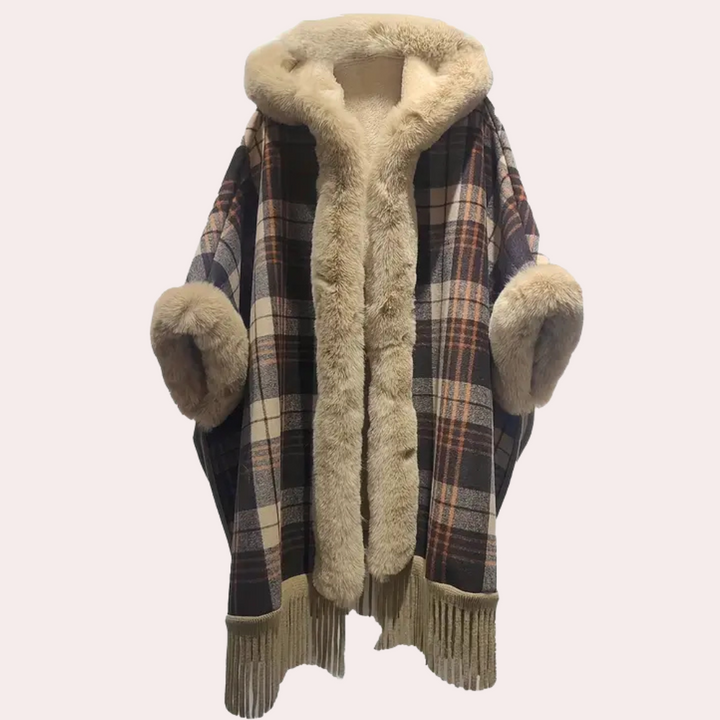 Drune | Poncho-Jacke - Luxus-Damenumhang mit Kapuze und Fake-Fur-Besatz